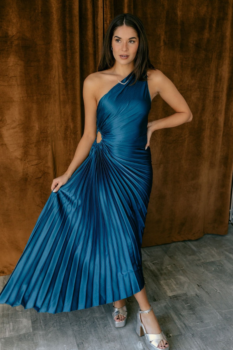 Esmeralda Blue Pleated Satin Asymmetrical Dress - Lizard Thicket Esmeralda Blue Pleated Satin Asymmetrical Dress - Lizard Thicket