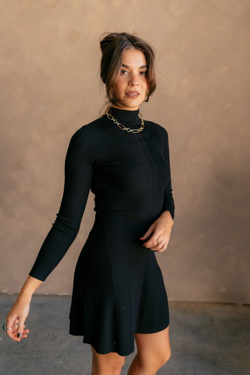 Melina Black Turtleneck Sweater Dress Ribbed Knit Long Sleeve - Lizard Thicket Melina Black Turtleneck Sweater Dress Ribbed Knit Long Sleeve - Lizard Thicket