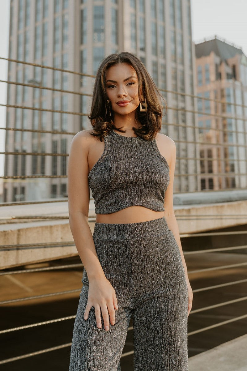 front view of model wearing the Monroe Black & Silver Tank Top that has black and silver mesh fabric, a cropped waist, a high neckline and a sleeveless body.