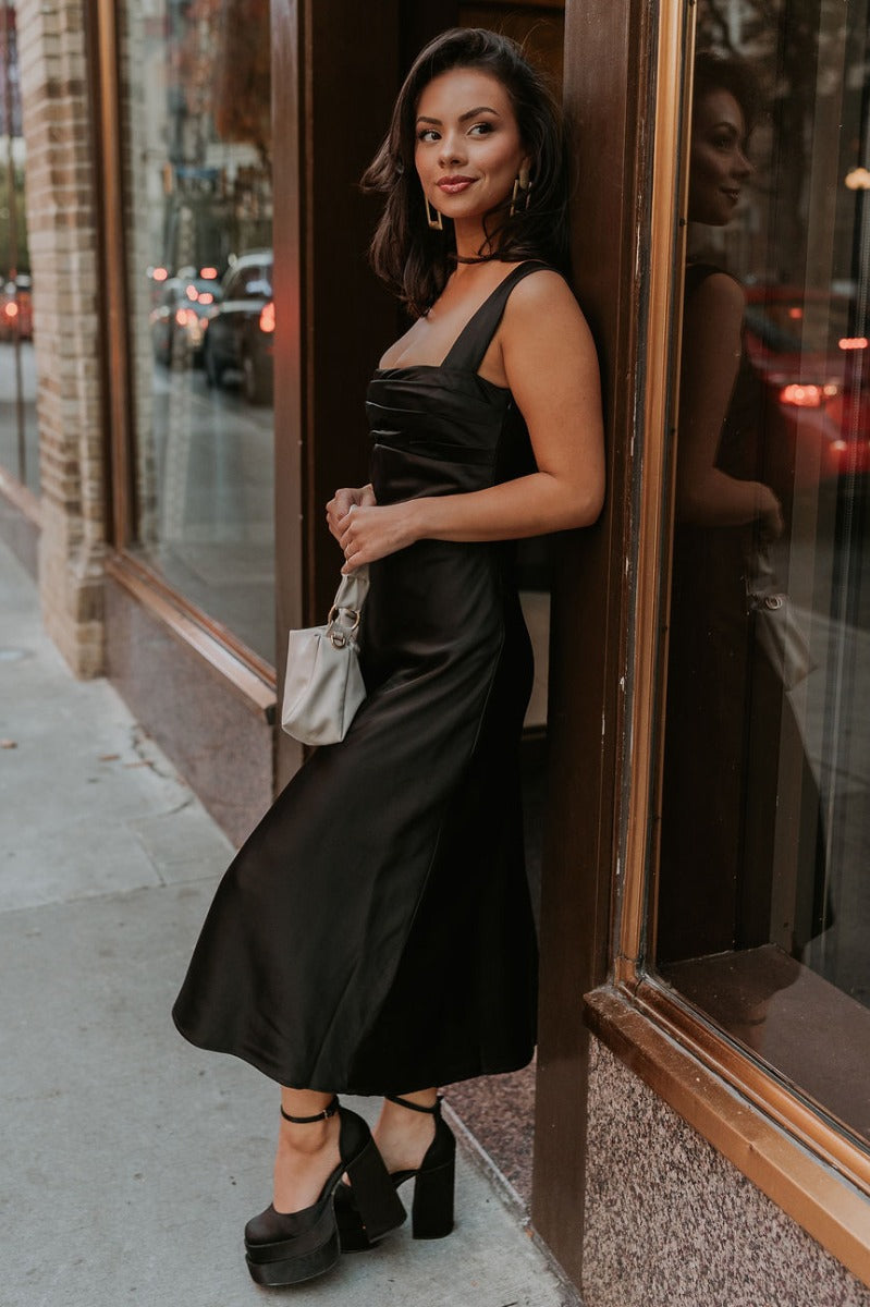 black satin dress midi Black Satin Midi Dress Cameron Light Ivory / OB 32/US 28