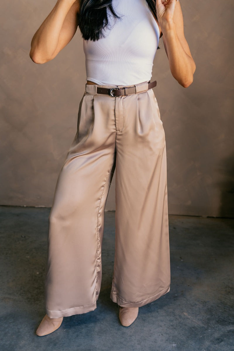 Satin High Waisted Belted Pant in Taupe