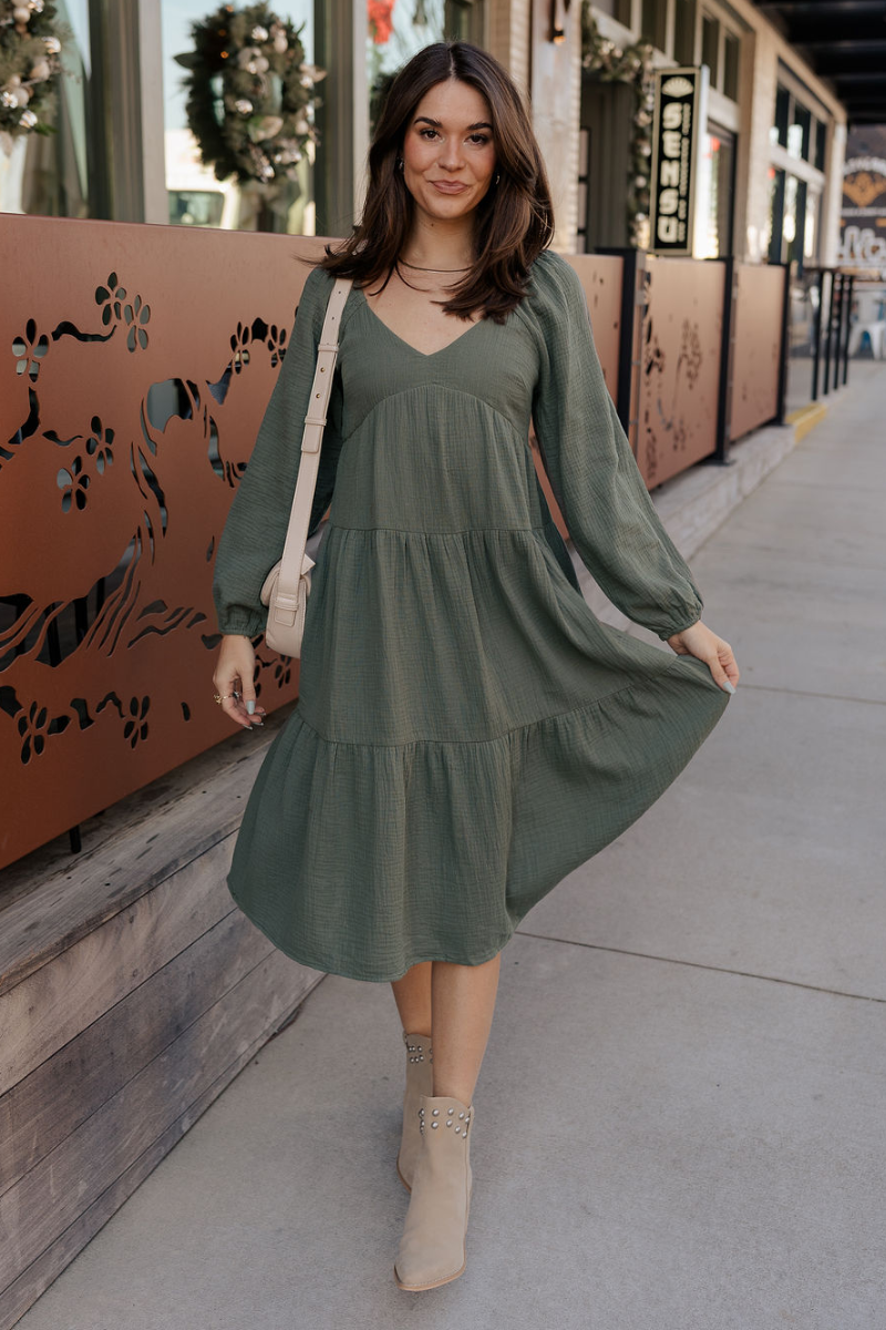 Long Gauze Material Dresses Selene Olive Gauze Midi Long Sleeve