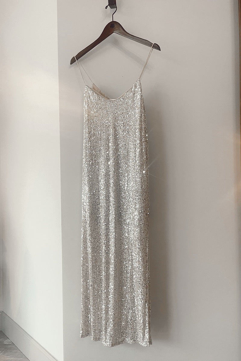 Shine Sequin Slip Dress Silver Sparkle with Side Slit - Lizard Thicket Shine Sequin Slip Dress Silver Sparkle with Side Slit - Lizard Thicket