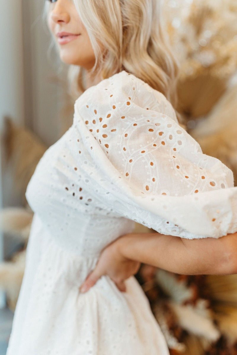 White Lace Eyelet Dress with Tiered Mini Skirt and Puff Sleeves - Lizard Thicket White Lace Eyelet Dress with Tiered Mini Skirt and Puff Sleeves - Lizard Thicket