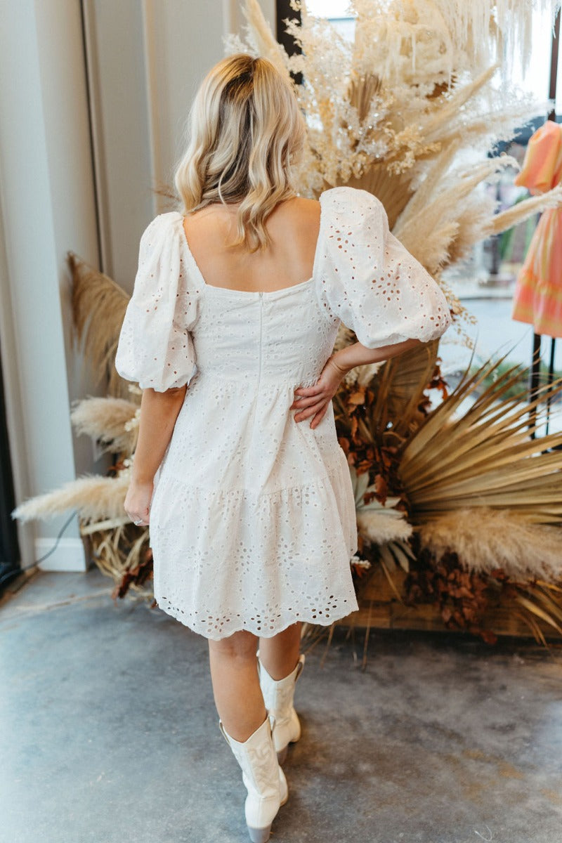 White Lace Eyelet Dress with Tiered Mini Skirt and Puff Sleeves - Lizard Thicket White Lace Eyelet Dress with Tiered Mini Skirt and Puff Sleeves - Lizard Thicket