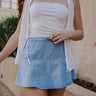 front detail view of model wearing The Azure Denim Ruffle Mini Skirt features washed light blue fabric, shorts lining, mini length, ruffle skirt overlay, flared skirt hem and side zipper closure.