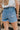 Back view of model wearing the Just USA Denim: Don't Think Twice Shorts which features medium-wash denim fabric, distressed detailing, two front pockets, two back pockets, a frayed hem, a front zipper with button closure, and belt loops on the waistband.