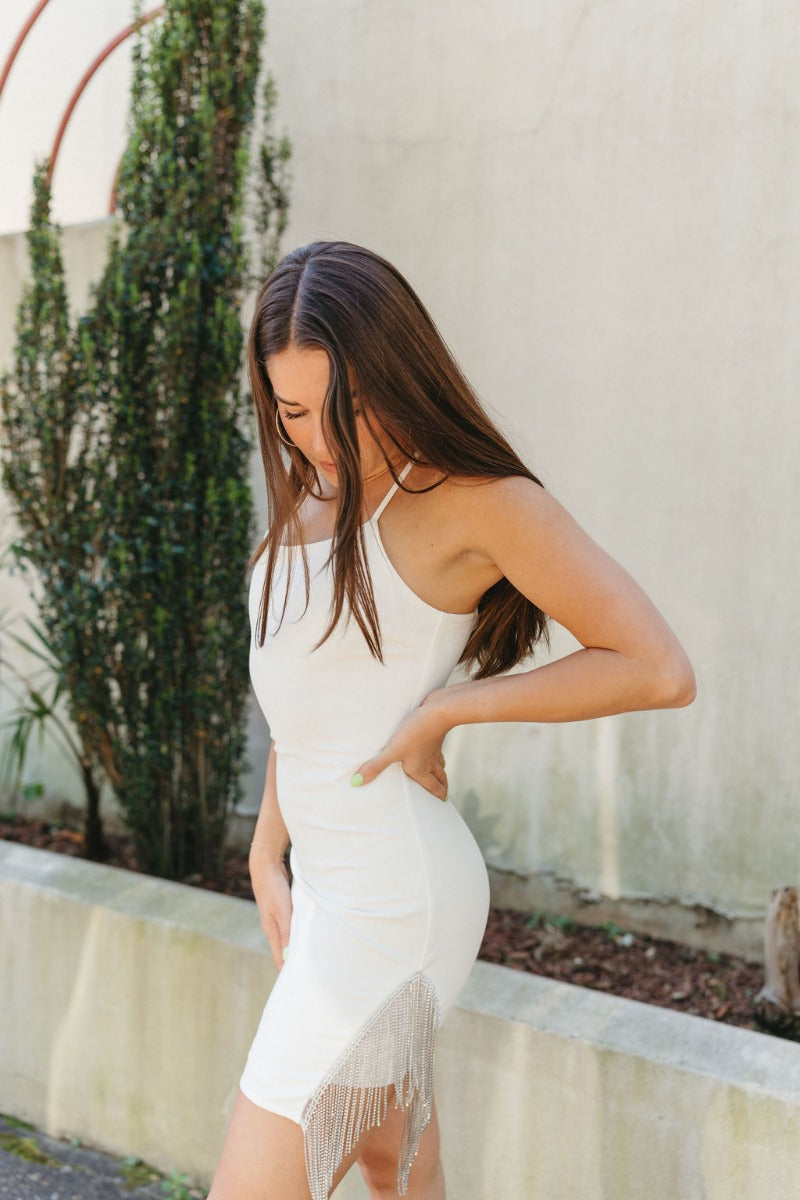 Starlight Rhinestone Fringe Dress in White - Lizard Thicket