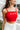 Close up view of model wearing the Party In The USA Tank which features red knit fabric, a cropped waist, a square neckline, adjustable straps, and "USA" stitched in white.