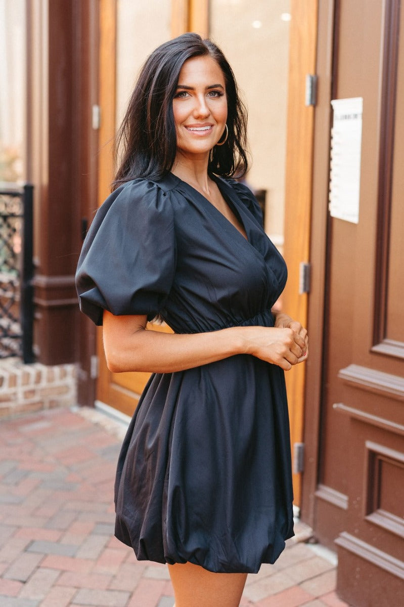 Black Bubble Hem Dress Short Puff Sleeve Mini Style - Lizard Thicket Black Bubble Hem Dress Short Puff Sleeve Mini Style - Lizard Thicket