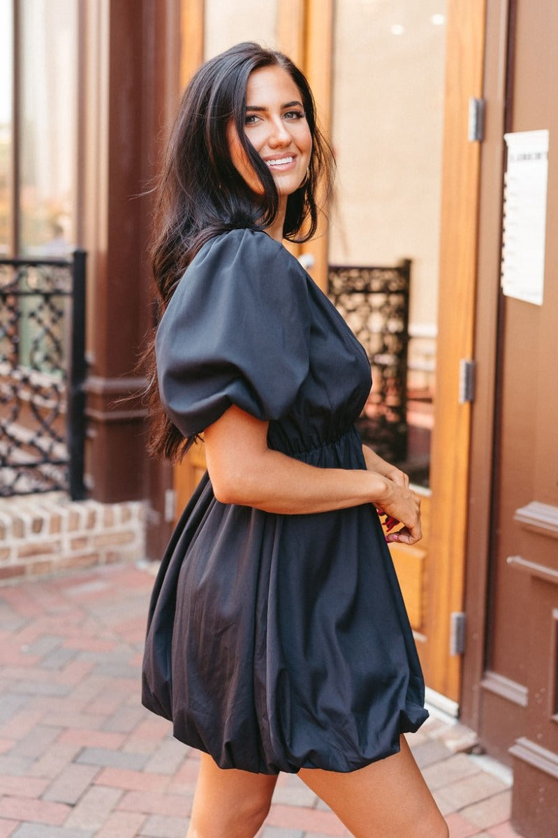 Black Bubble Hem Dress Short Puff Sleeve Mini Style - Lizard Thicket Black Bubble Hem Dress Short Puff Sleeve Mini Style - Lizard Thicket