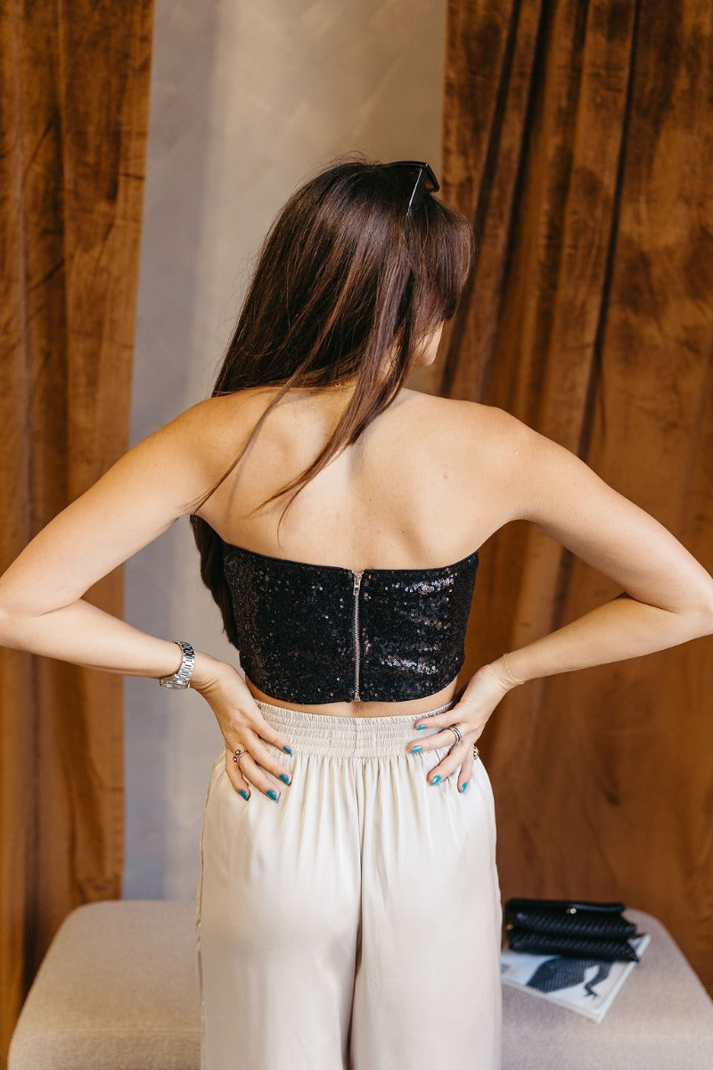Back view of model wearing the Maya Black Sequin Tube Top that has black sequin fabric, a cropped waist, a strapless sweetheart neckline, and a back silver zipper closure.<
