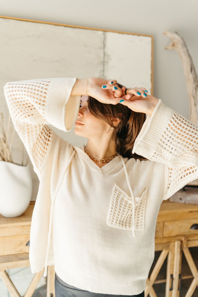 Cream Crochet Hooded Sweater with Flare Sleeves – New Day Lizard