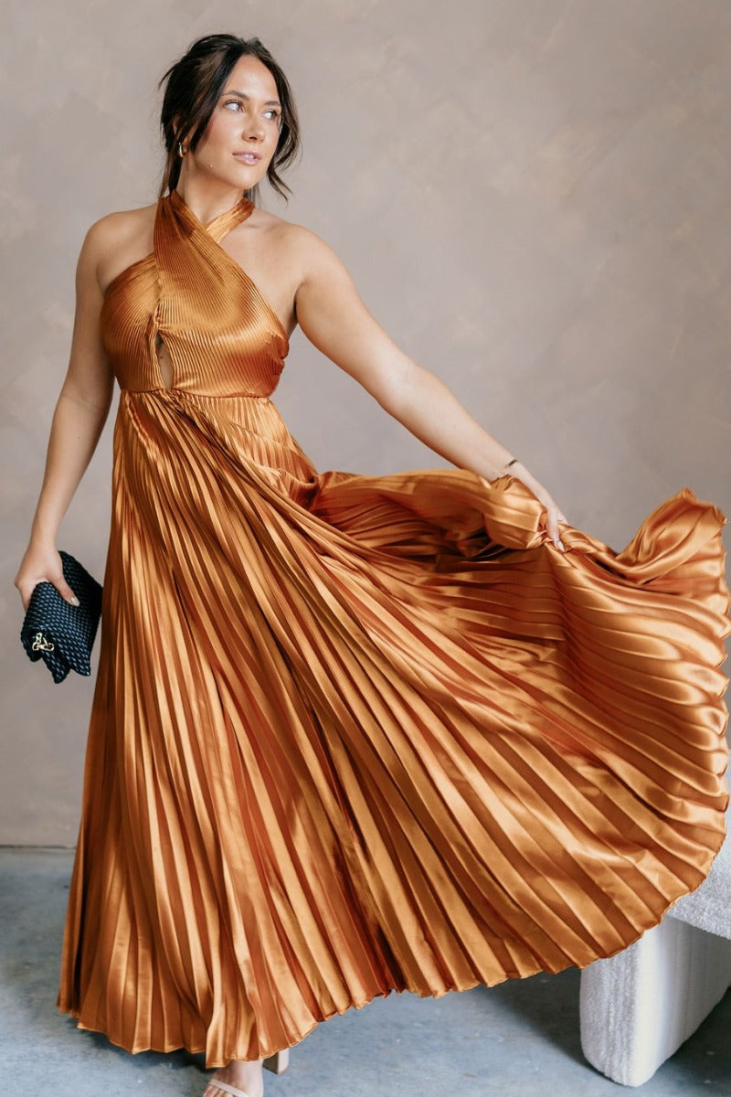 Gold Satin Maxi Dress – Elegant Pleated Halter Neck Maxi Gown