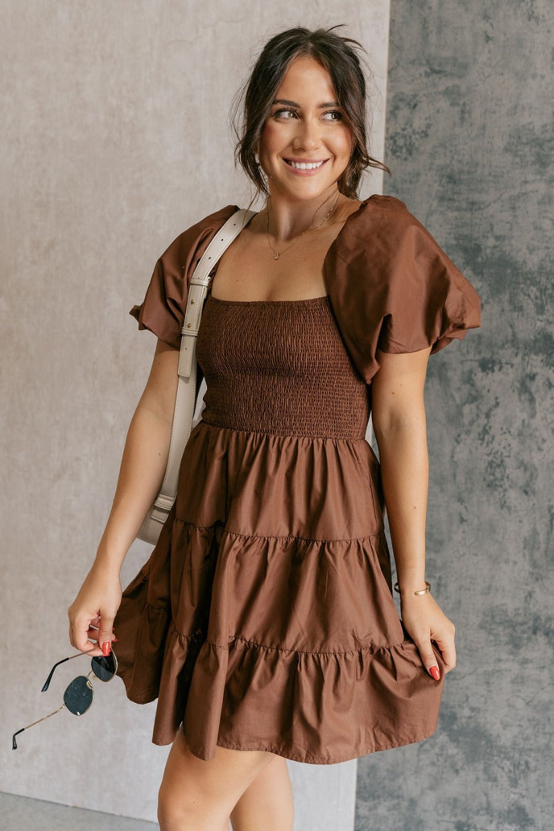 Willow Brown Puff Sleeve Mini Dress - Lizard Thicket Willow Brown Puff Sleeve Mini Dress - Lizard Thicket