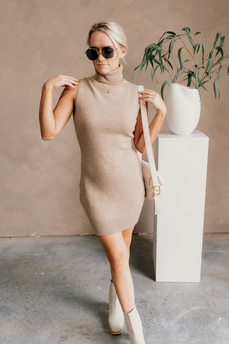 Eva Taupe Sleeveless Turtleneck Sweater Dress - Lizard Thicket Eva Taupe Sleeveless Turtleneck Sweater Dress - Lizard Thicket