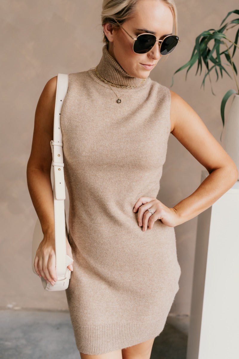 Beige Turtleneck Dress Eva Taupe Sleeveless Turtleneck Sweater