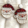 Close image of the Ho Ho Ho Earrings that feature Santa-shaped embroidered pendants with red and white beaded embellishments.