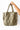 Close up front view of the Time To Go Purse in Olive that has pleather with diamond stitching, a middle zipper compartment with pouches inside, and compartments on each side. 