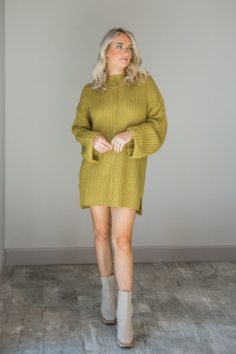 Celeste Yellow Green Chunky Dress – Long Sleeve Sweater Dress Celeste Yellow Green Chunky Dress – Long Sleeve Sweater Dress