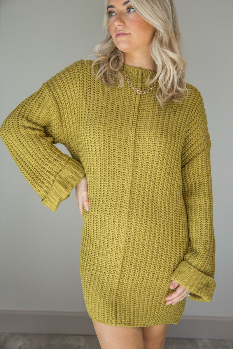 Celeste Yellow Green Chunky Dress Long Sleeve Sweater Dress - Lizard Thicket Celeste Yellow Green Chunky Dress Long Sleeve Sweater Dress - Lizard Thicket