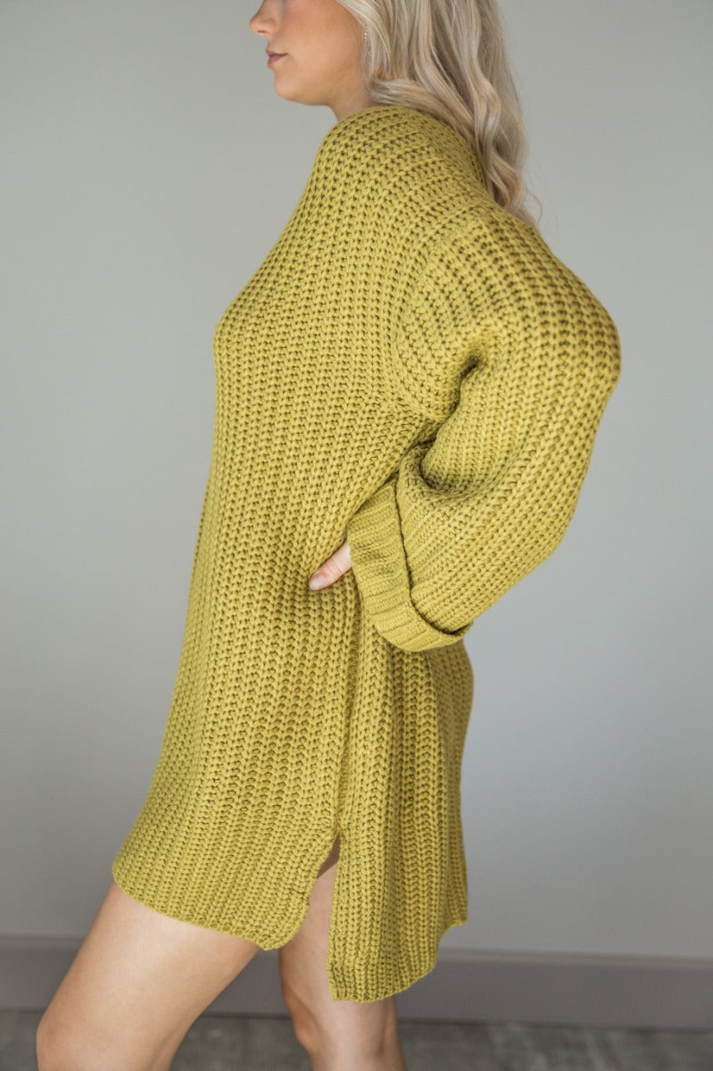 Celeste Yellow Green Chunky Dress – Long Sleeve Sweater Dress Celeste Yellow Green Chunky Dress – Long Sleeve Sweater Dress