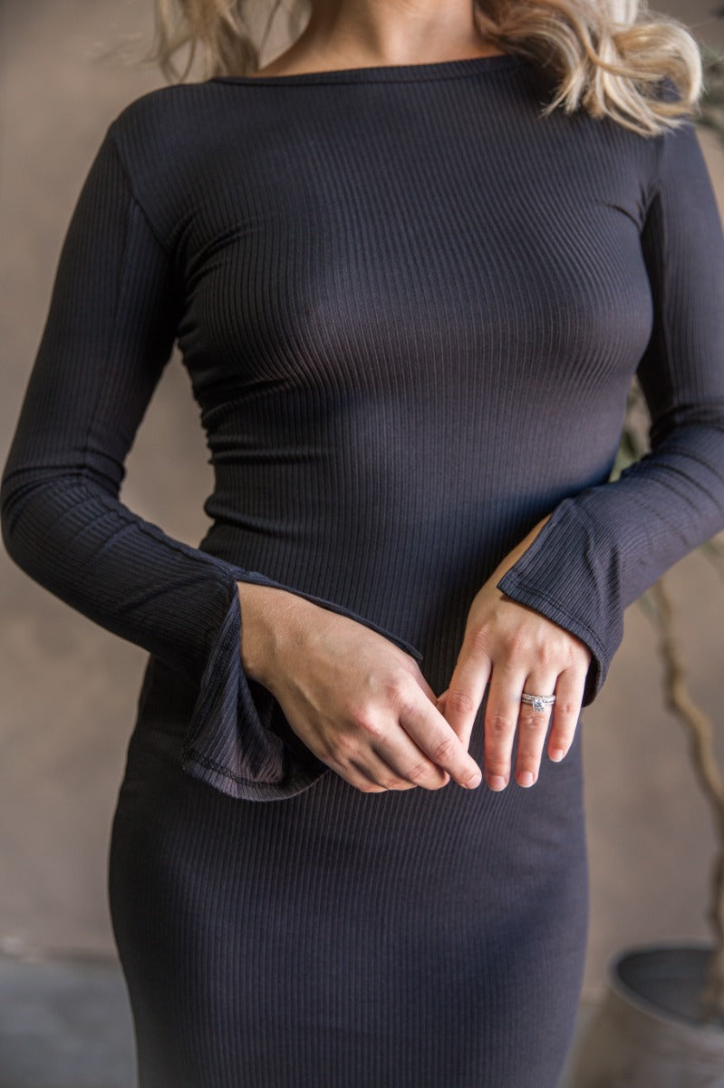 Sarah Black Long Sleeve Midi Slit Dress - Lizard Thicket Sarah Black Long Sleeve Midi Slit Dress - Lizard Thicket