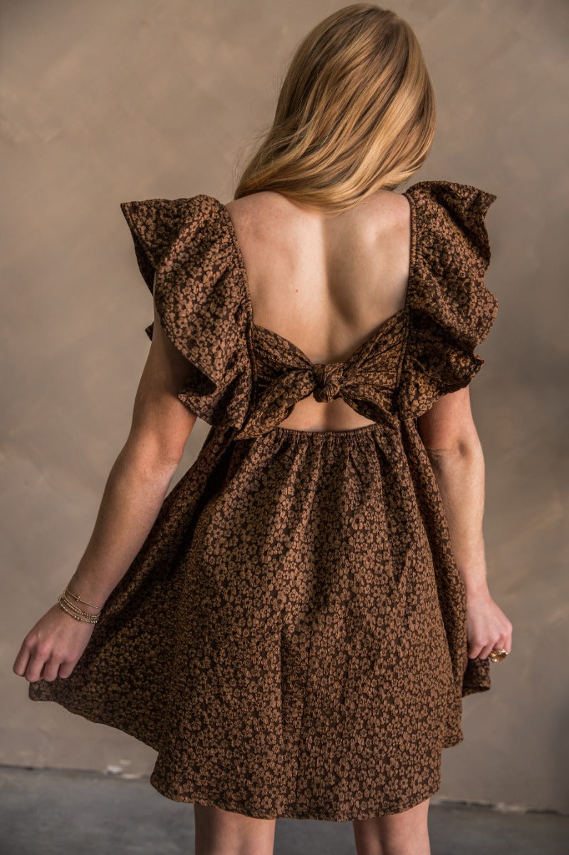 Blair Brown Floral Tie Back Mini Dress | Floral Baby Doll Dress - Lizard Thicket Blair Brown Floral Tie Back Mini Dress | Floral Baby Doll Dress - Lizard Thicket