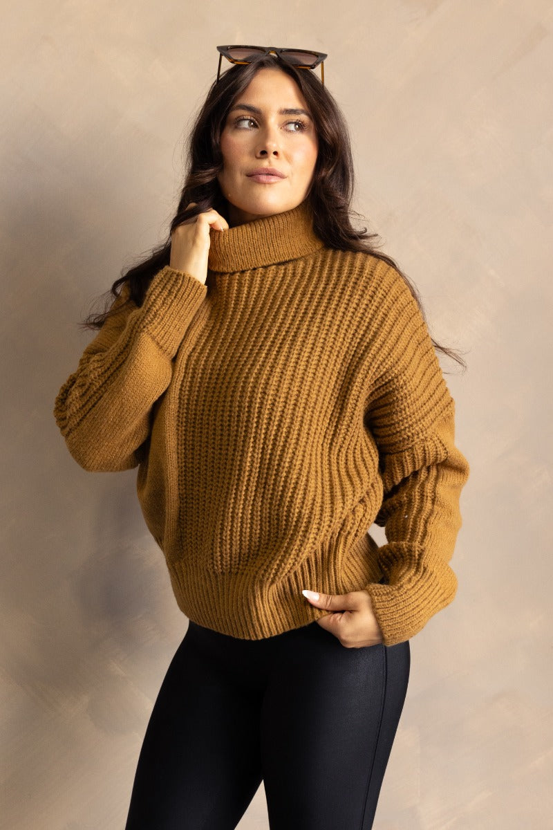 Turtleneck Dark Brown Cable Knit Sweater Sisley Women Mohair-Blend