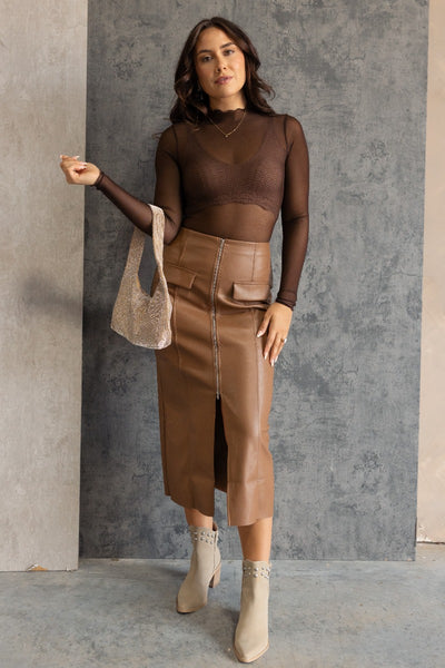 Danna Brown Faux-Leather Slit Front Midi Skirt - Lizard Thicket Danna Brown Faux-Leather Slit Front Midi Skirt - Lizard Thicket