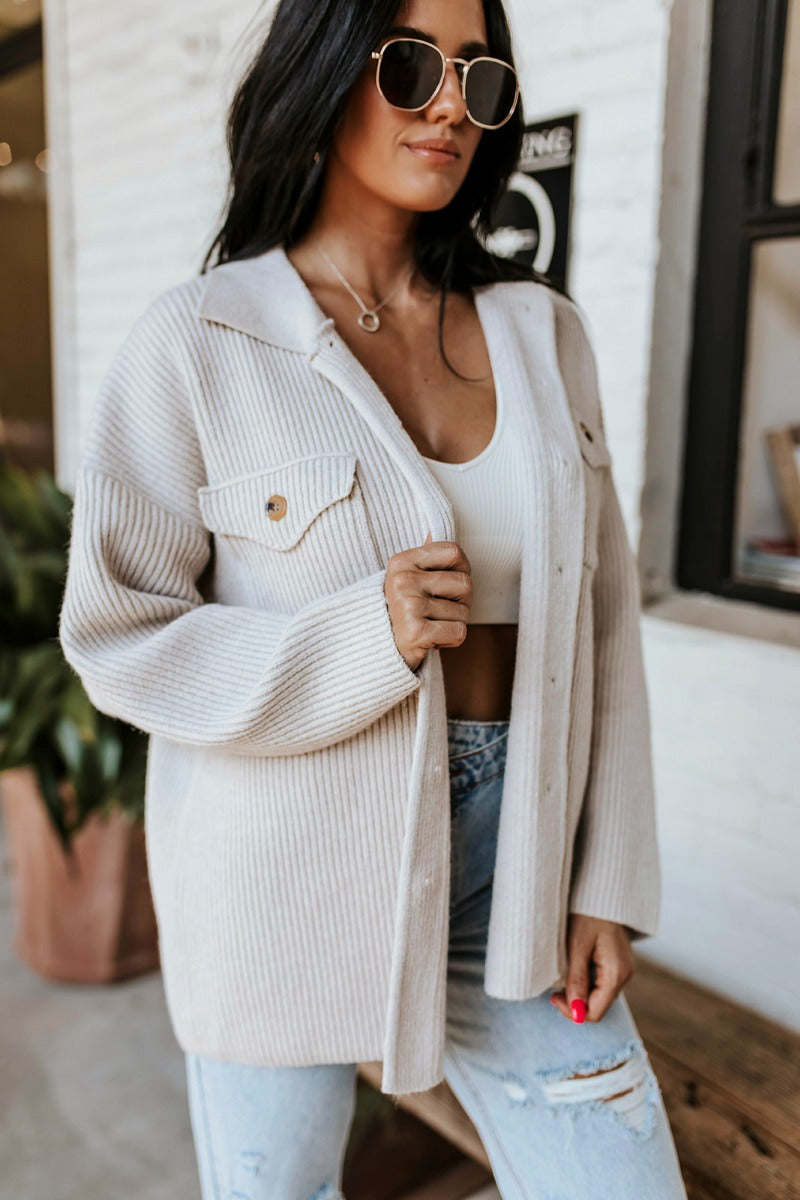 Beige Ribbed Button Up Long Sleeve – Cozy Shacket - Lizard Thicket