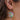 Close up image of model's ear- model is wearing the Snow Day Earrings, that have a gold hexagon pendant with a clear center, which is filled with iridescent multicolor snowflakes.