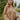 Front view of model wearing the Don't Look Back Hoodie, which features light brown knit fabric, a henley neckline with tortoise buttons, a hood with drawstrings, a rounded hemline, and long sleeves with ribbed wrists